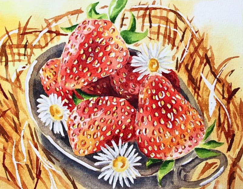 Watercolor strawberries still life by Erika Lancaster