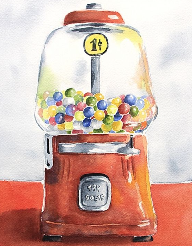 Watercolor gumball machine still life by Erika Lancaster